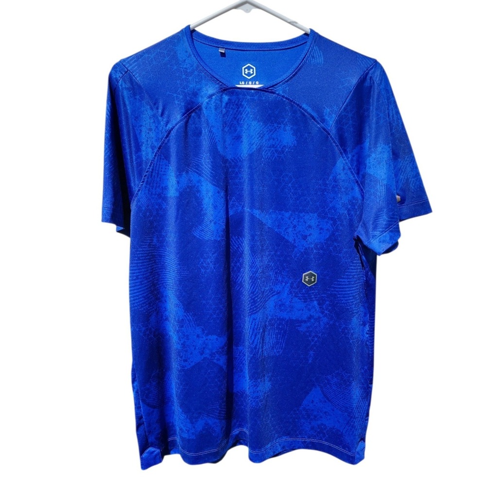 Under Armour Rush HeatGear Tee Mens Large Blue Geometric Graphic Athletic Shirt